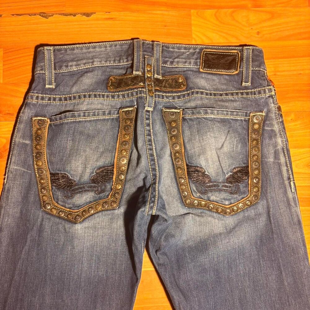 Robin's Jeans Low Rise Blue Denim Brown Leather Rivets Size 30 Y2K